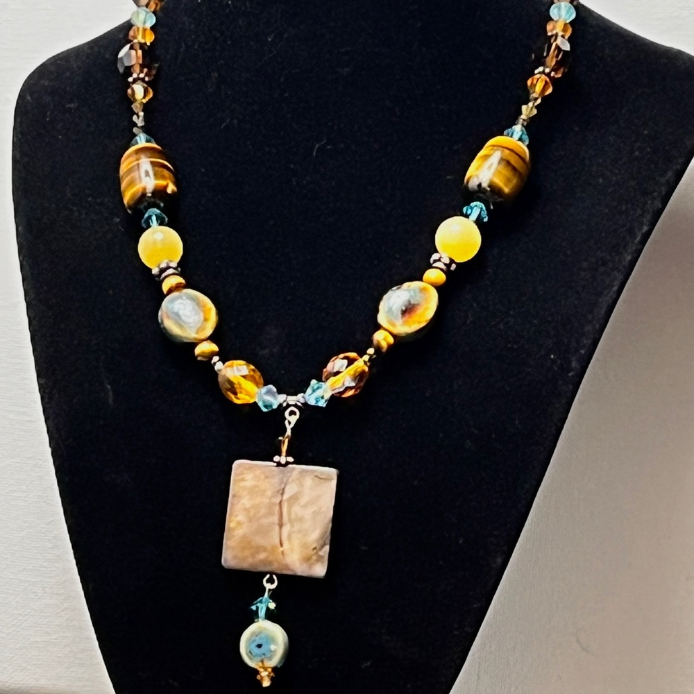 Chunky Tiger Eye Yellow Agate Colorful Faceted Glass Beaded Necklace Square Drop